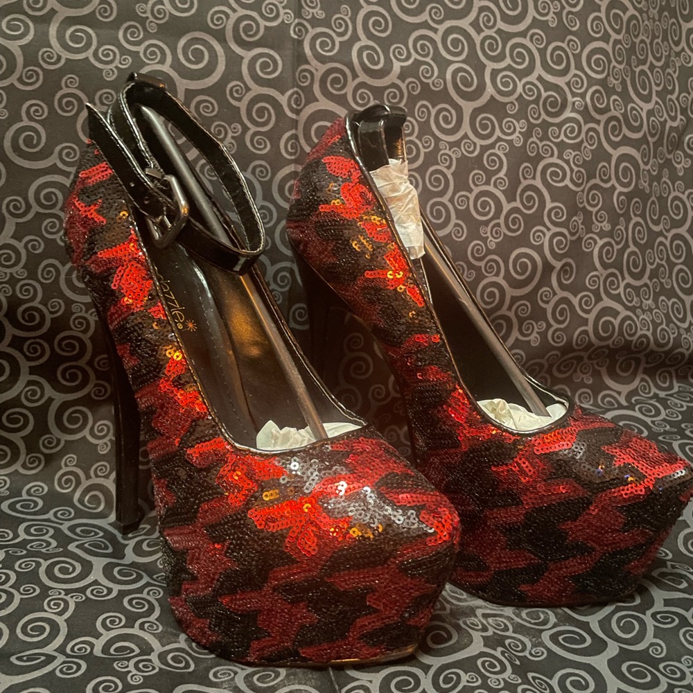 Red & Black Sequined Heel with Ankle Strap
